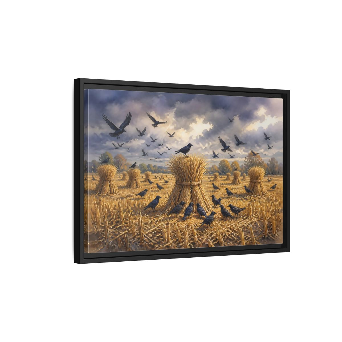 Side Mockup 3. Crows Over Harvest Sheaves shown as framed canvas print