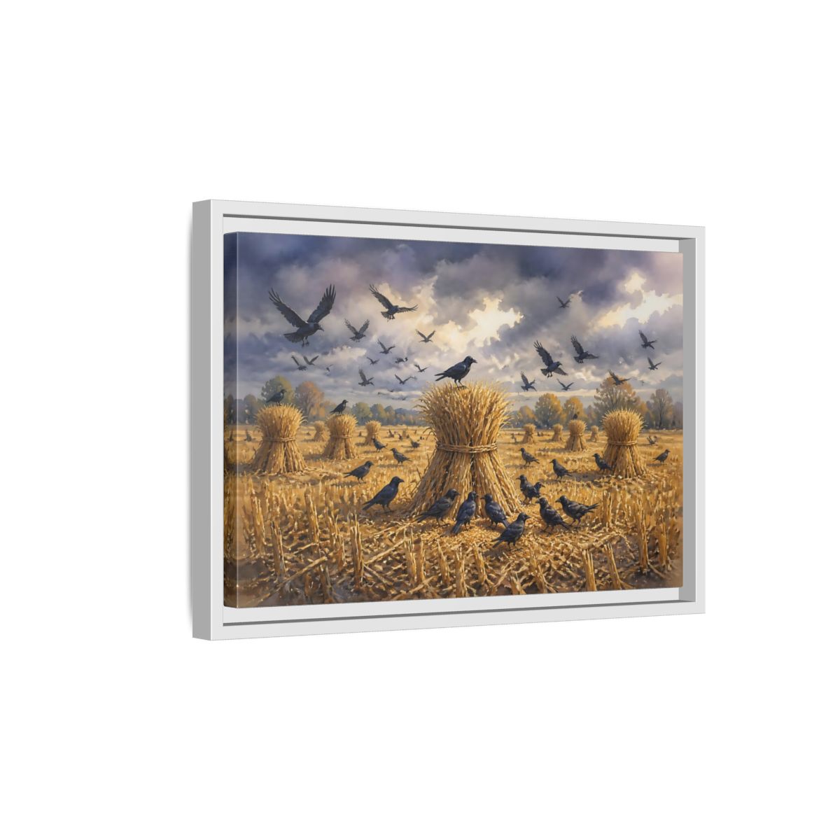 Side Mockup 4. Crows Over Harvest Sheaves shown as framed canvas print