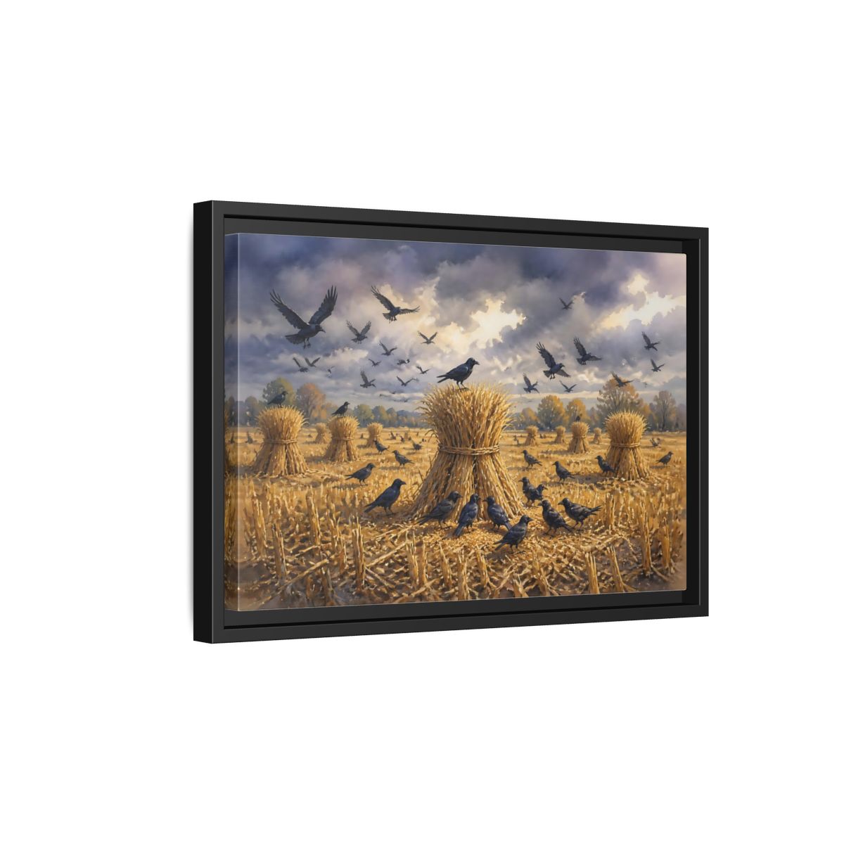 Side Mockup 6. Crows Over Harvest Sheaves shown as framed canvas print