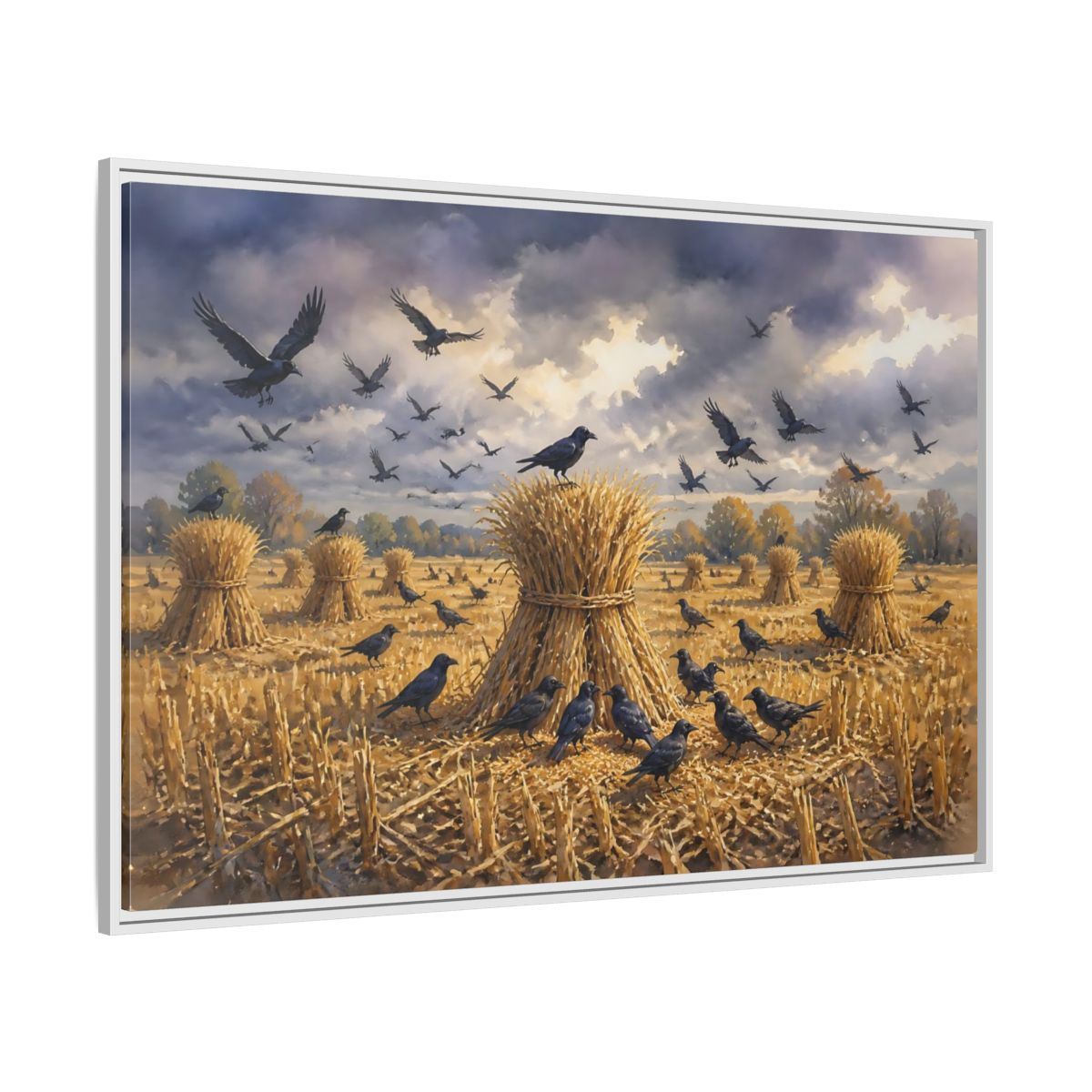 Side Mockup 7. Crows Over Harvest Sheaves shown as framed canvas print
