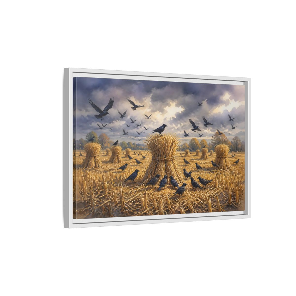 Side Mockup 1. Crows Over Harvest Sheaves shown as framed canvas print