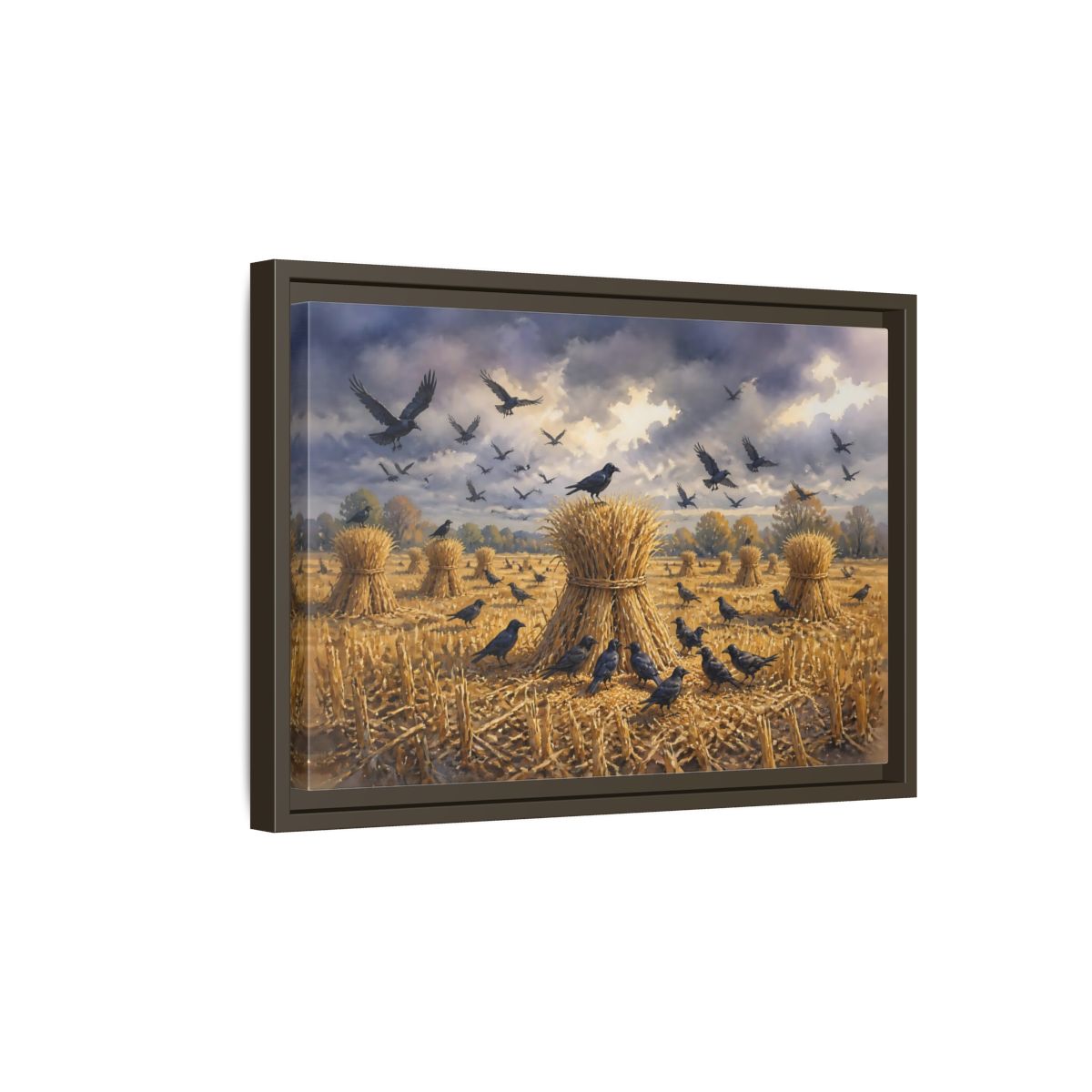 Side Mockup 5. Crows Over Harvest Sheaves shown as framed canvas print