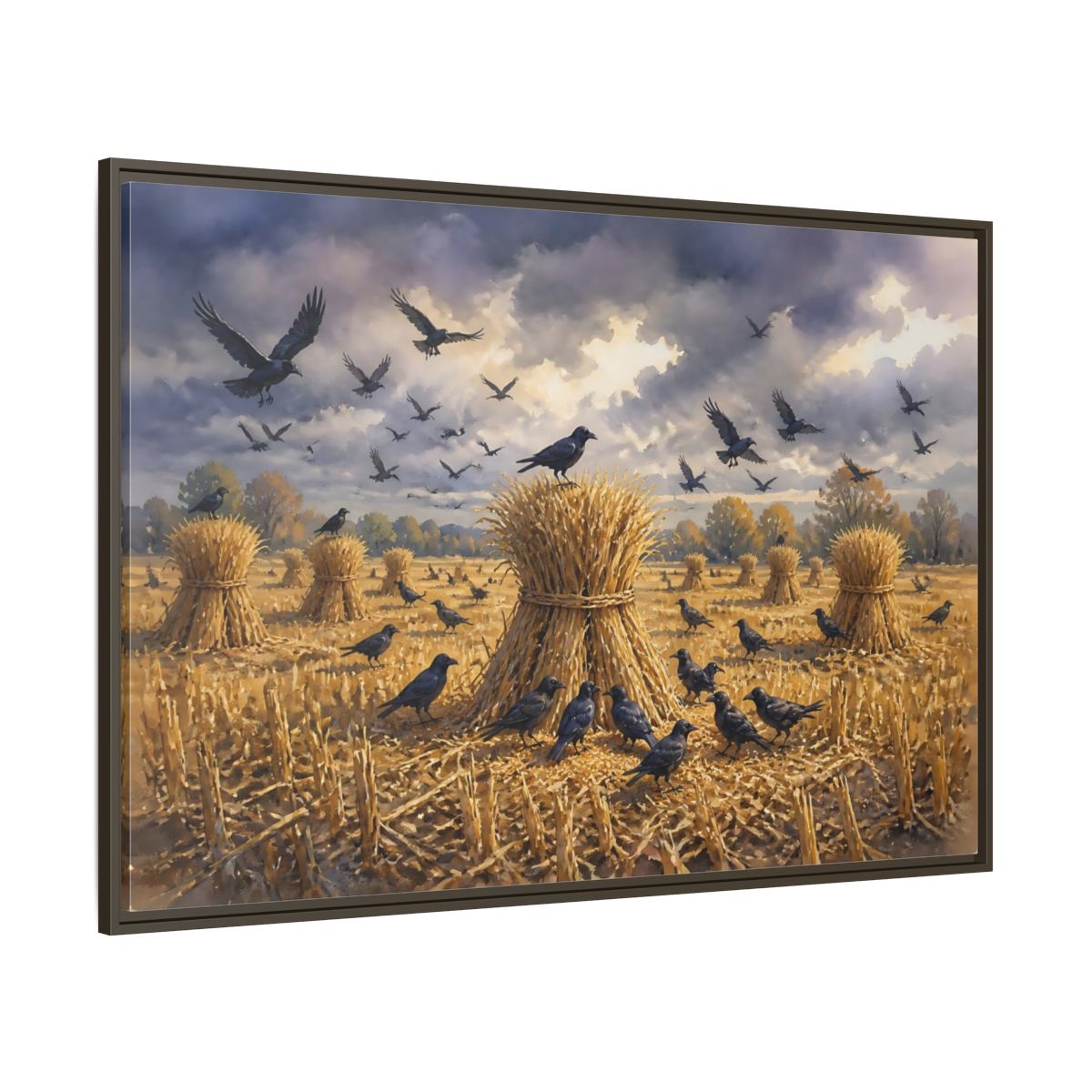 Side Mockup 8. Crows Over Harvest Sheaves shown as framed canvas print