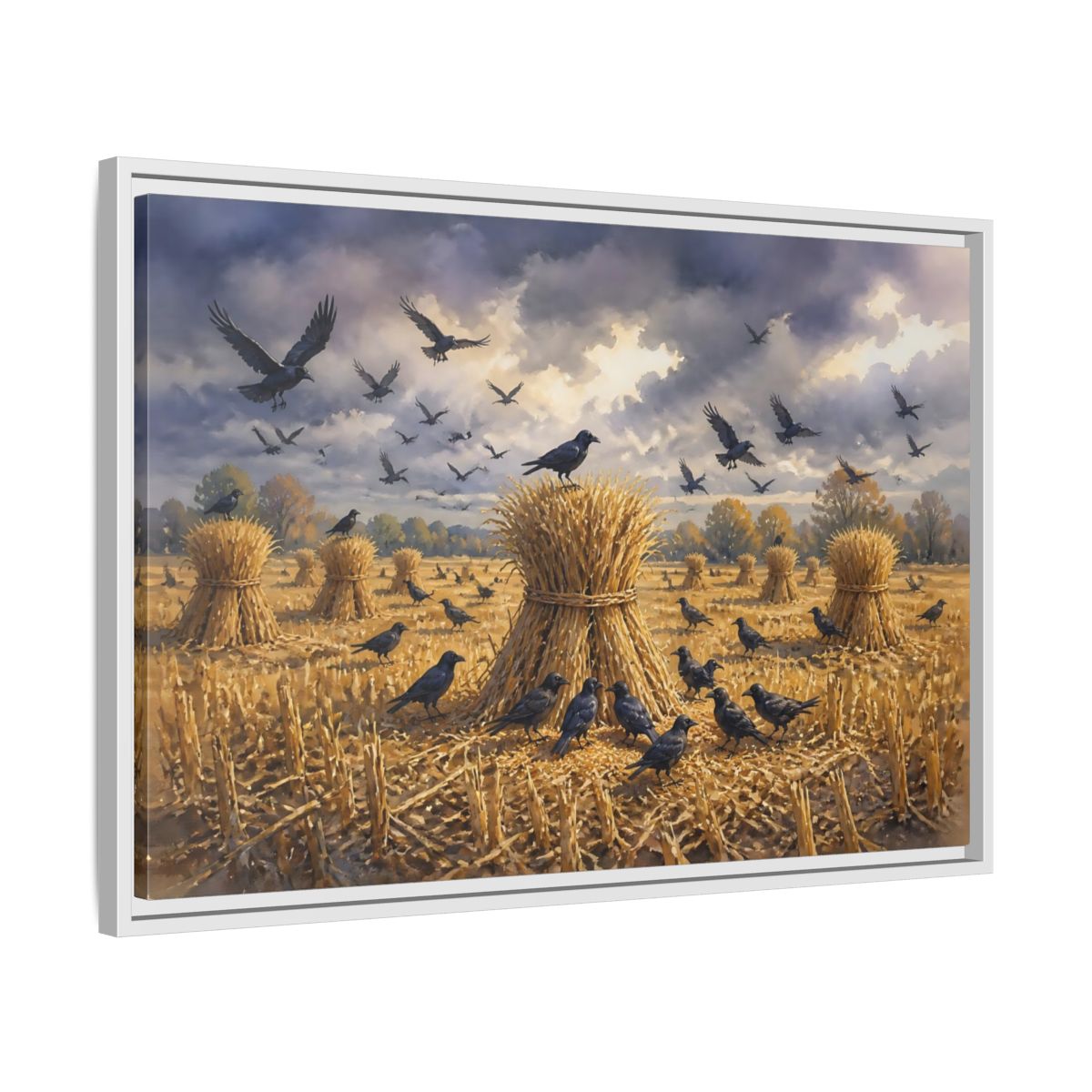 Side Mockup 10. Crows Over Harvest Sheaves shown as framed canvas print
