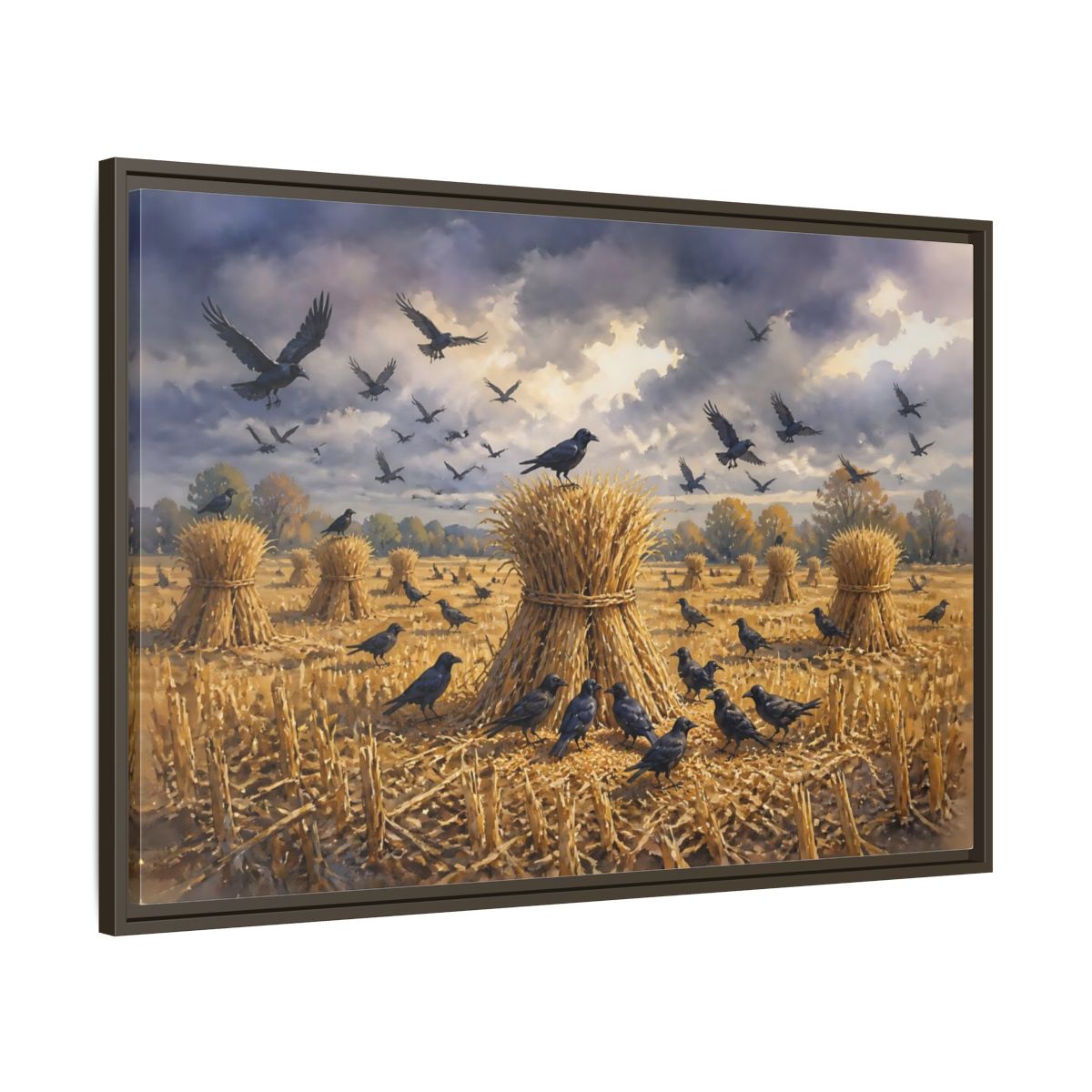 Main Mockup. Crows Over Harvest Sheaves shown as framed canvas print