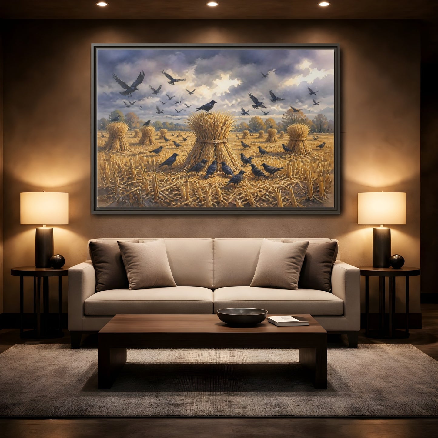 Mockup 2. Crows Over Harvest Sheaves shown as framed canvas print