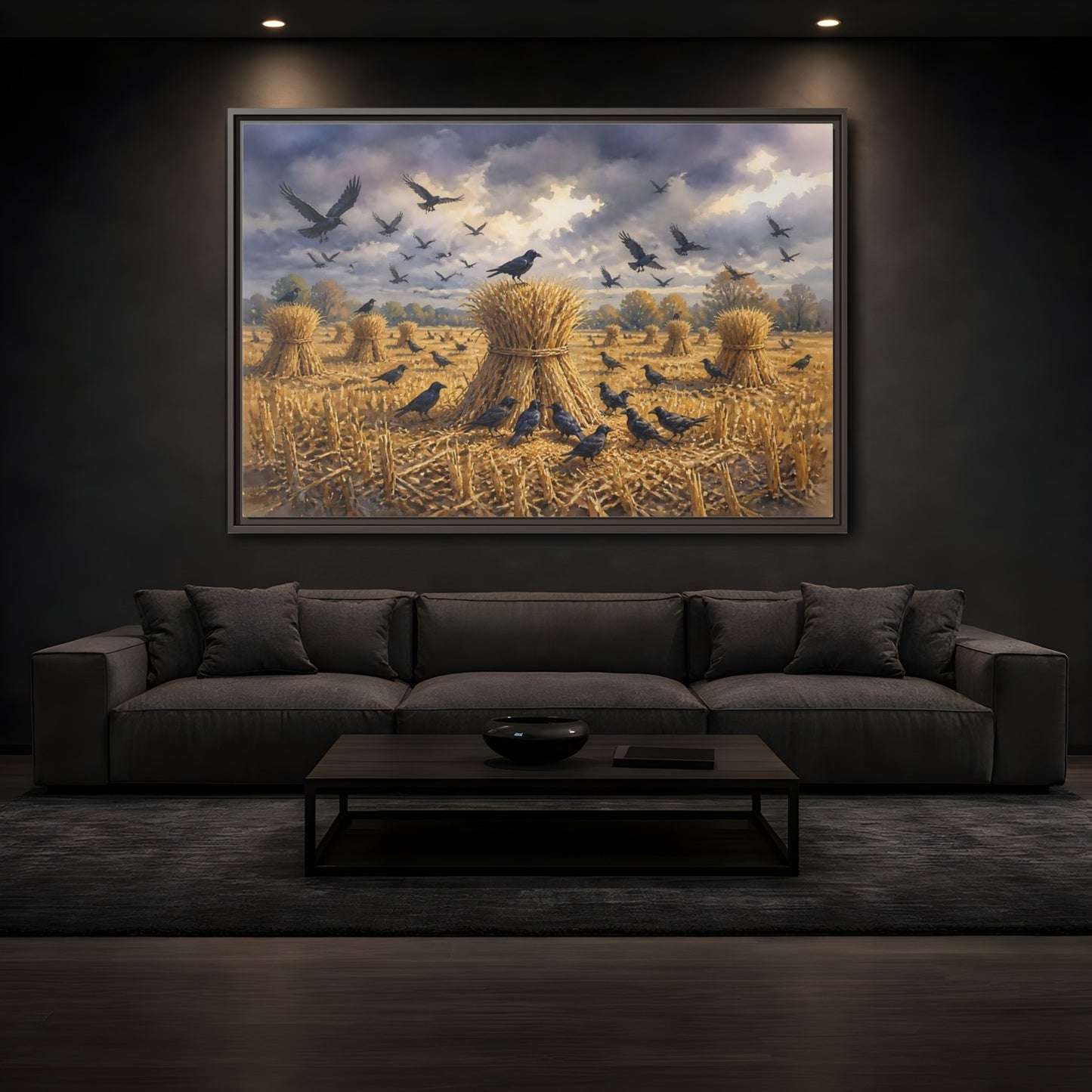 Mockup 3. Crows Over Harvest Sheaves shown as framed canvas print