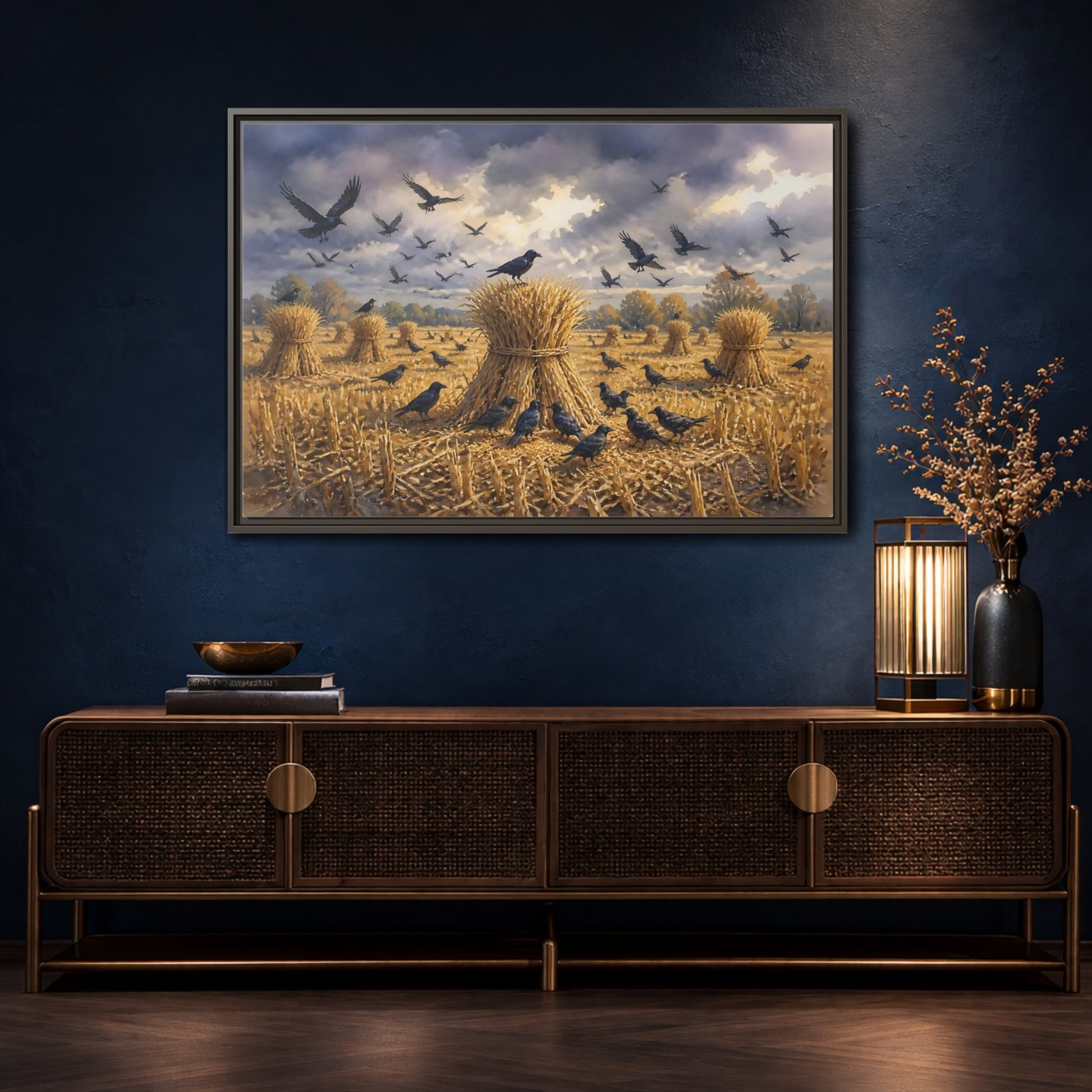 Mockup 4. Crows Over Harvest Sheaves shown as framed canvas print