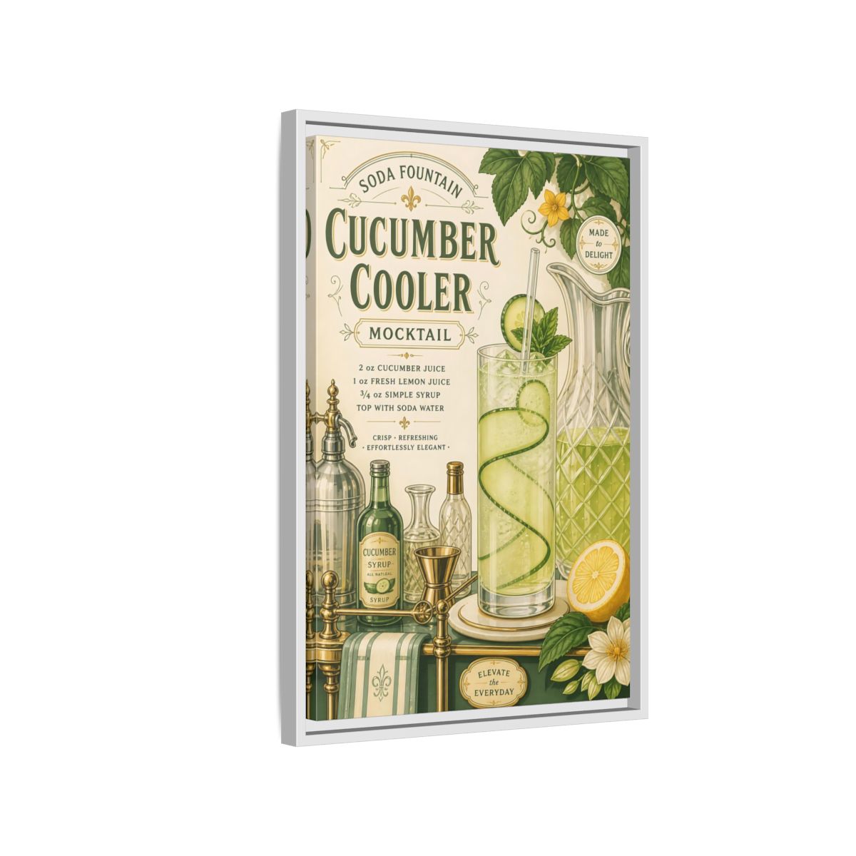 Side Mockup 1. Cucumber Cooler Poster shown as framed canvas print