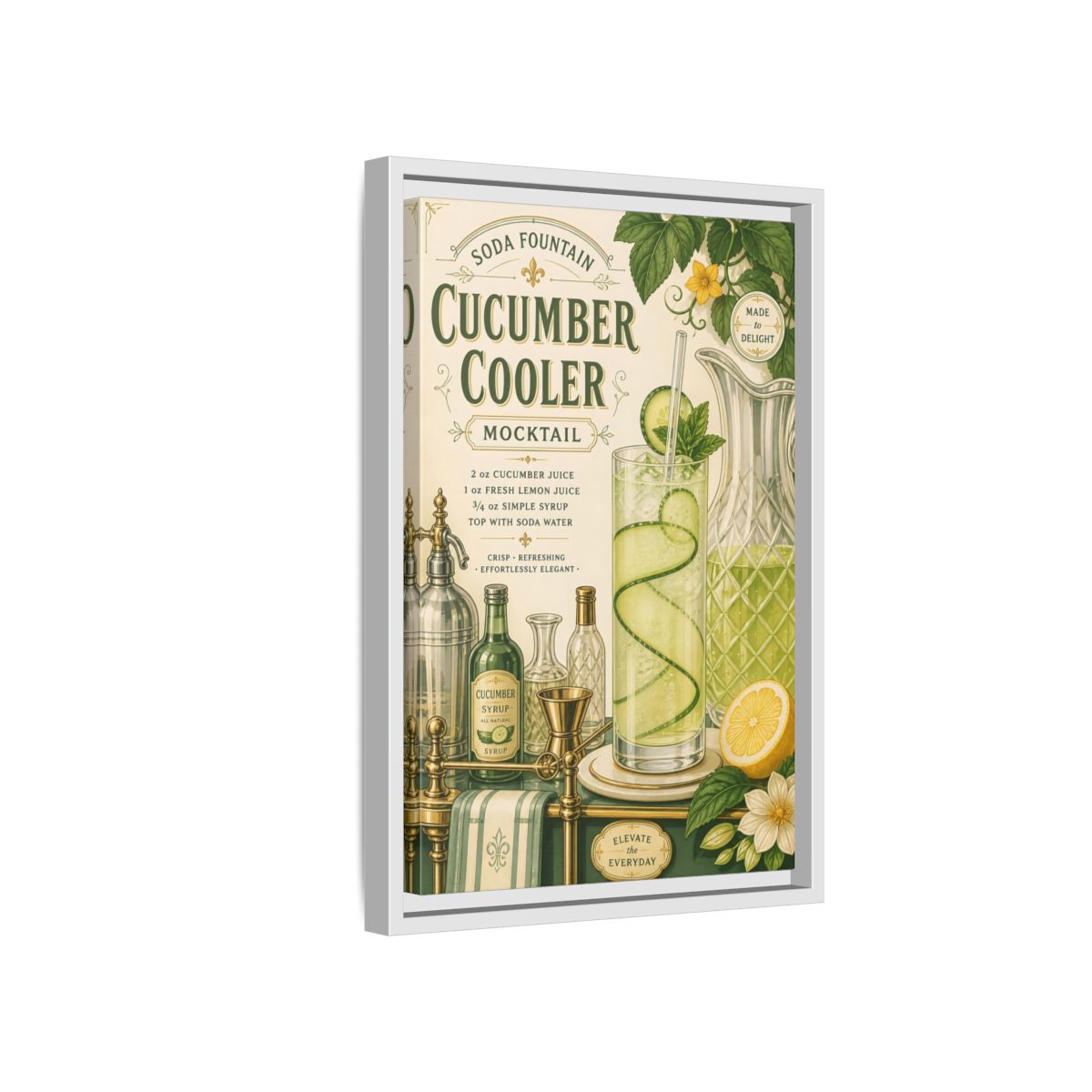 Side Mockup 4. Cucumber Cooler Poster shown as framed canvas print