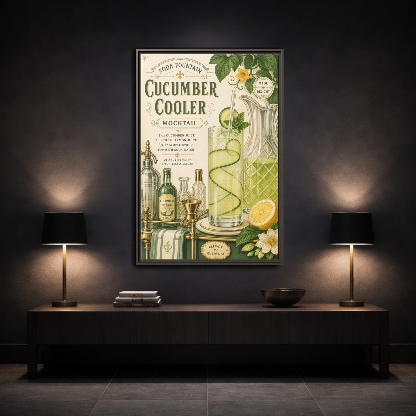Mockup 3. Cucumber Cooler Poster shown as framed canvas print