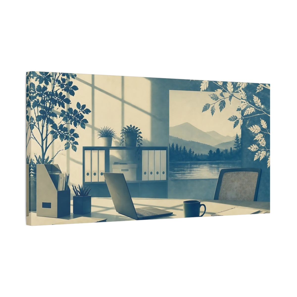 Side Mockup 1. Cyan Office Desk View shown as canvas print