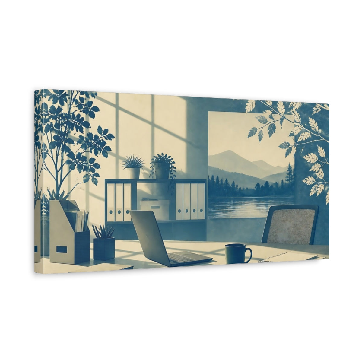 Side Mockup 3. Cyan Office Desk View shown as canvas print