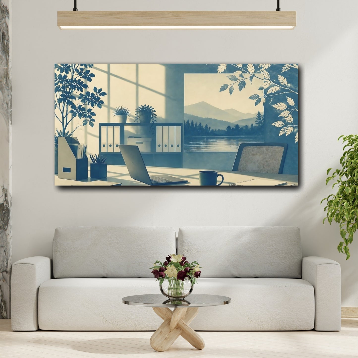 Mockup 2. Cyan Office Desk View shown as canvas print