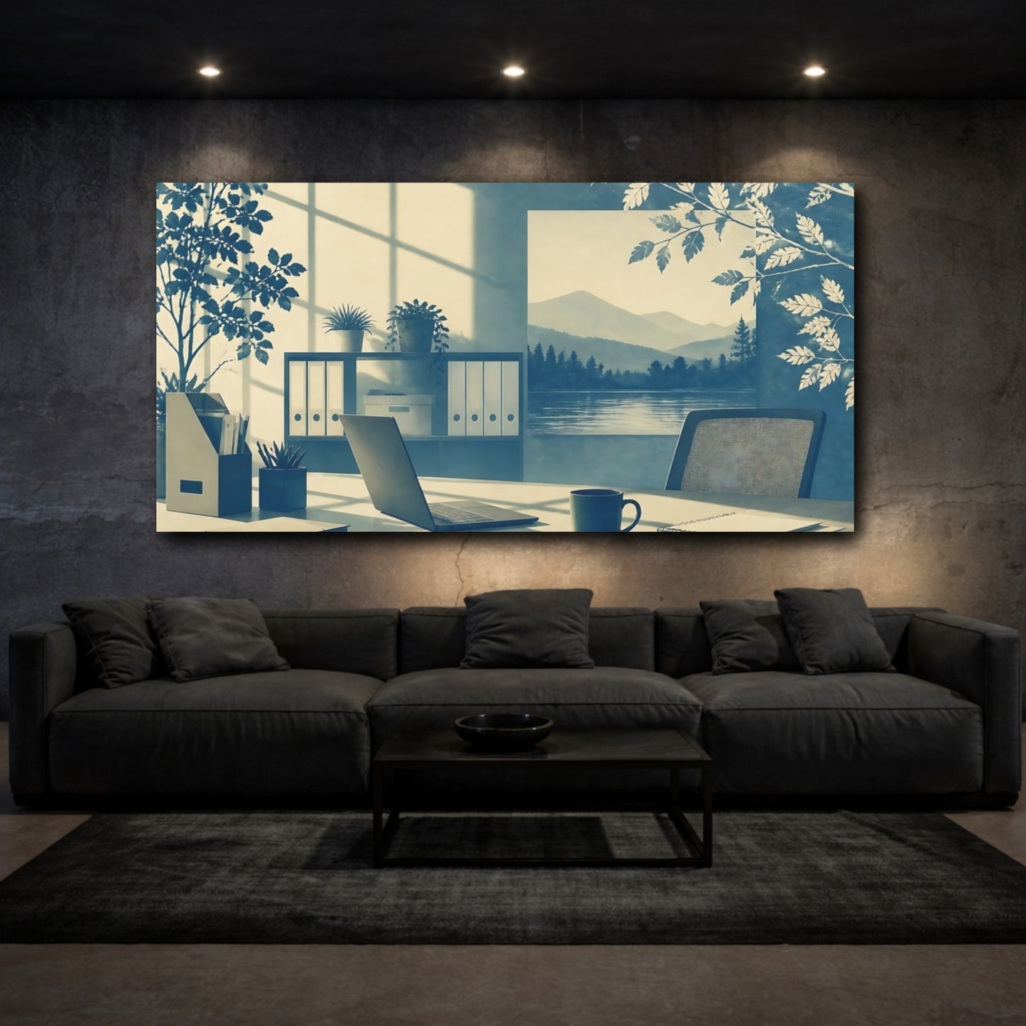 Mockup 3. Cyan Office Desk View shown as canvas print