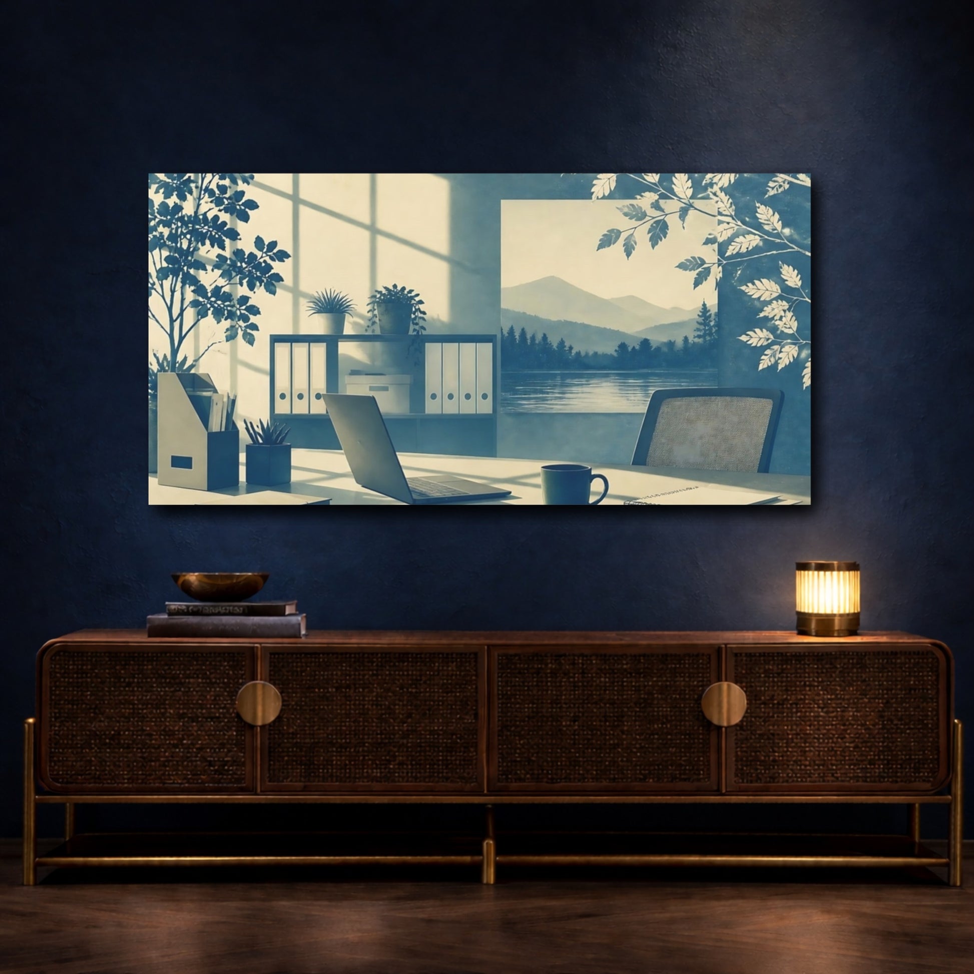 Mockup 4. Cyan Office Desk View shown as canvas print