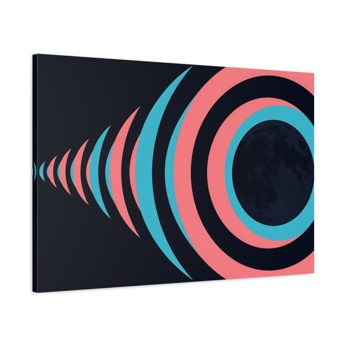 Main Mockup. Cyan Rose Moon Rings shown as canvas print