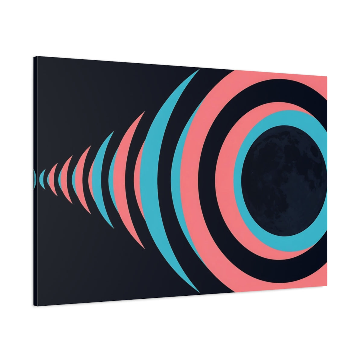 Side Mockup 1. Cyan Rose Moon Rings shown as canvas print