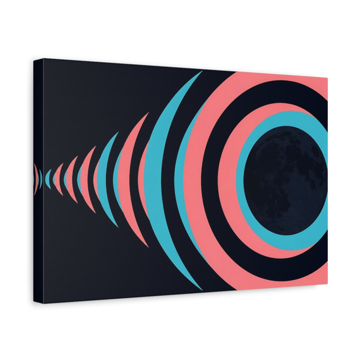 Side Mockup 4. Cyan Rose Moon Rings shown as canvas print