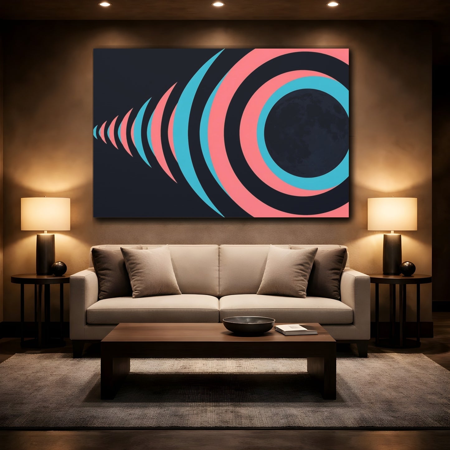 Mockup 2. Cyan Rose Moon Rings shown as canvas print