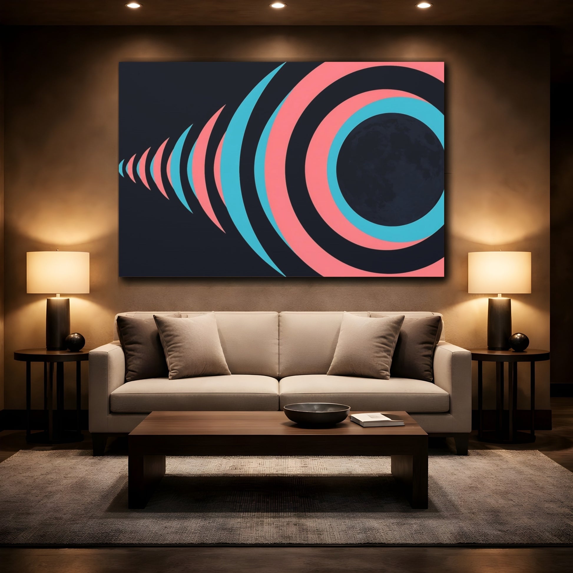 Mockup 2. Cyan Rose Moon Rings shown as canvas print