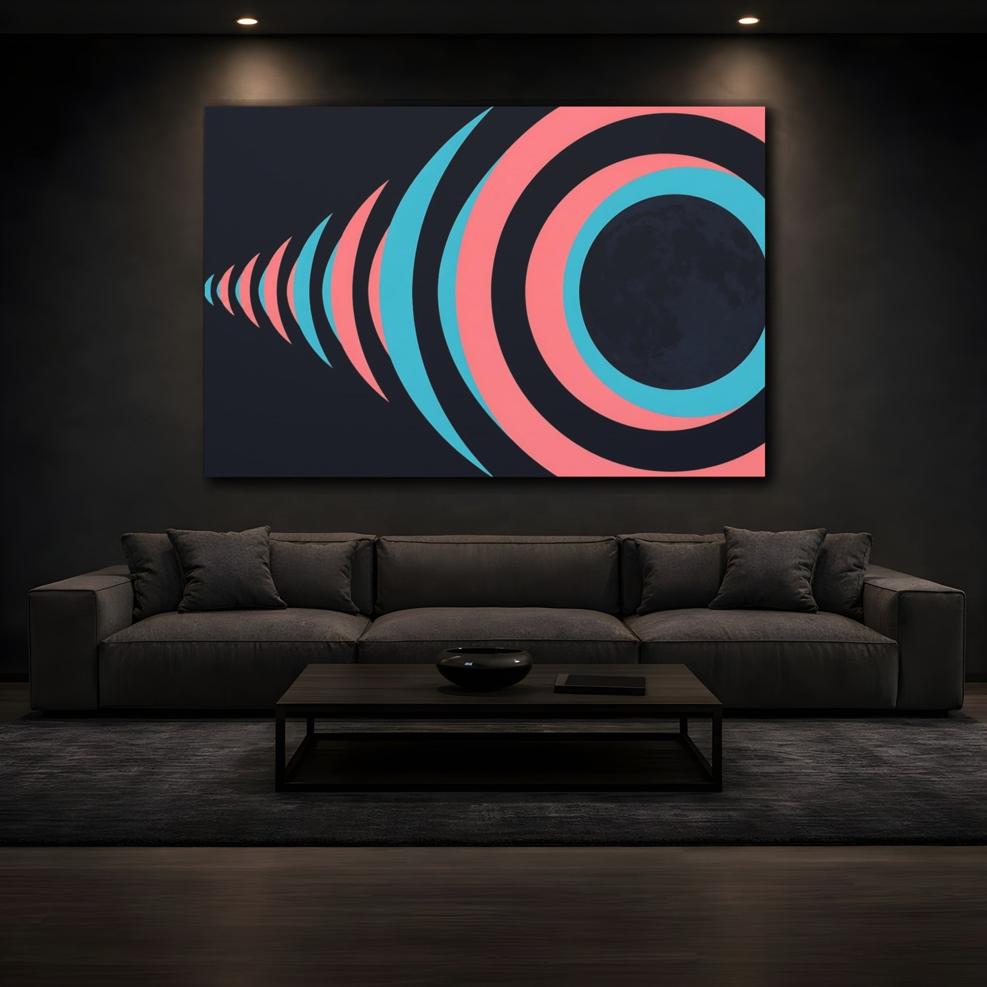 Mockup 3. Cyan Rose Moon Rings shown as canvas print