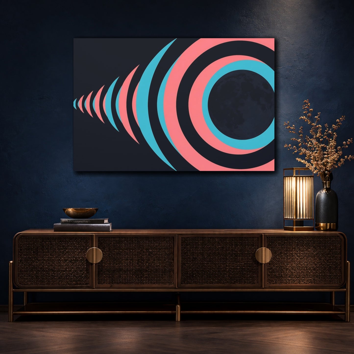 Mockup 4. Cyan Rose Moon Rings shown as canvas print
