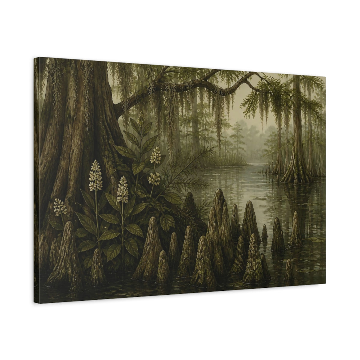 Side Mockup 2. Cypress Swamp Reflections shown as canvas print
