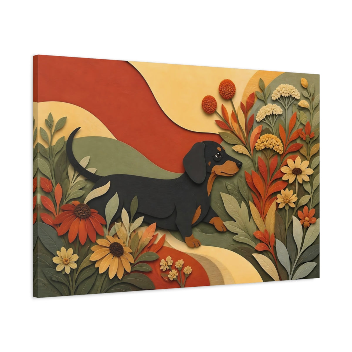 Main Mockup. Dachshund Among Autumn Flowers shown as canvas print