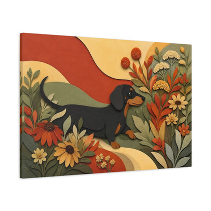 Main Mockup. Dachshund Among Autumn Flowers shown as canvas print