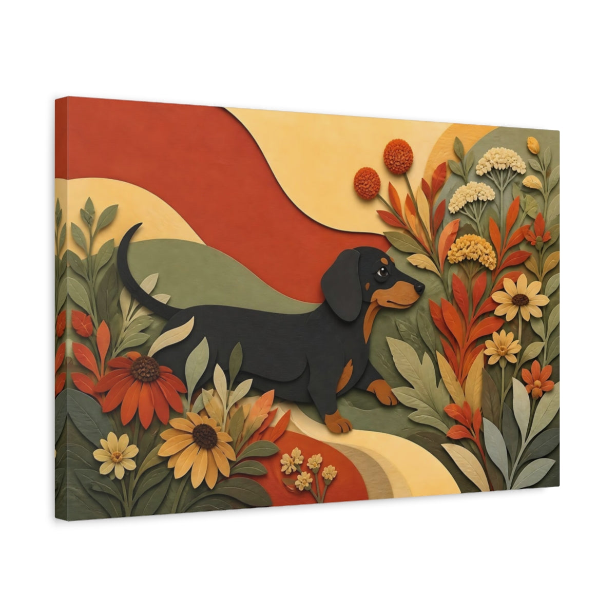 Side Mockup 3. Dachshund Among Autumn Flowers shown as canvas print