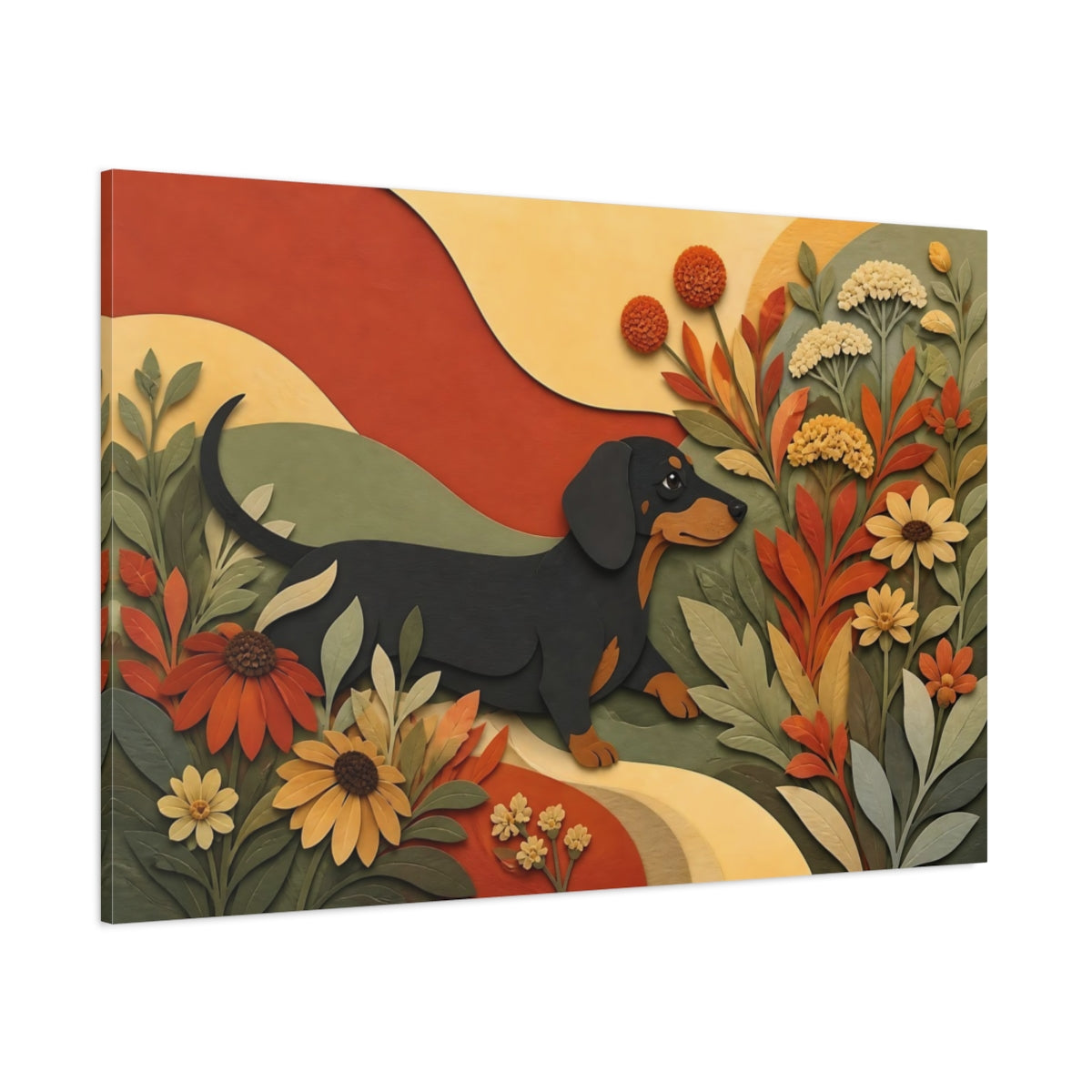 Side Mockup 1. Dachshund Among Autumn Flowers shown as canvas print