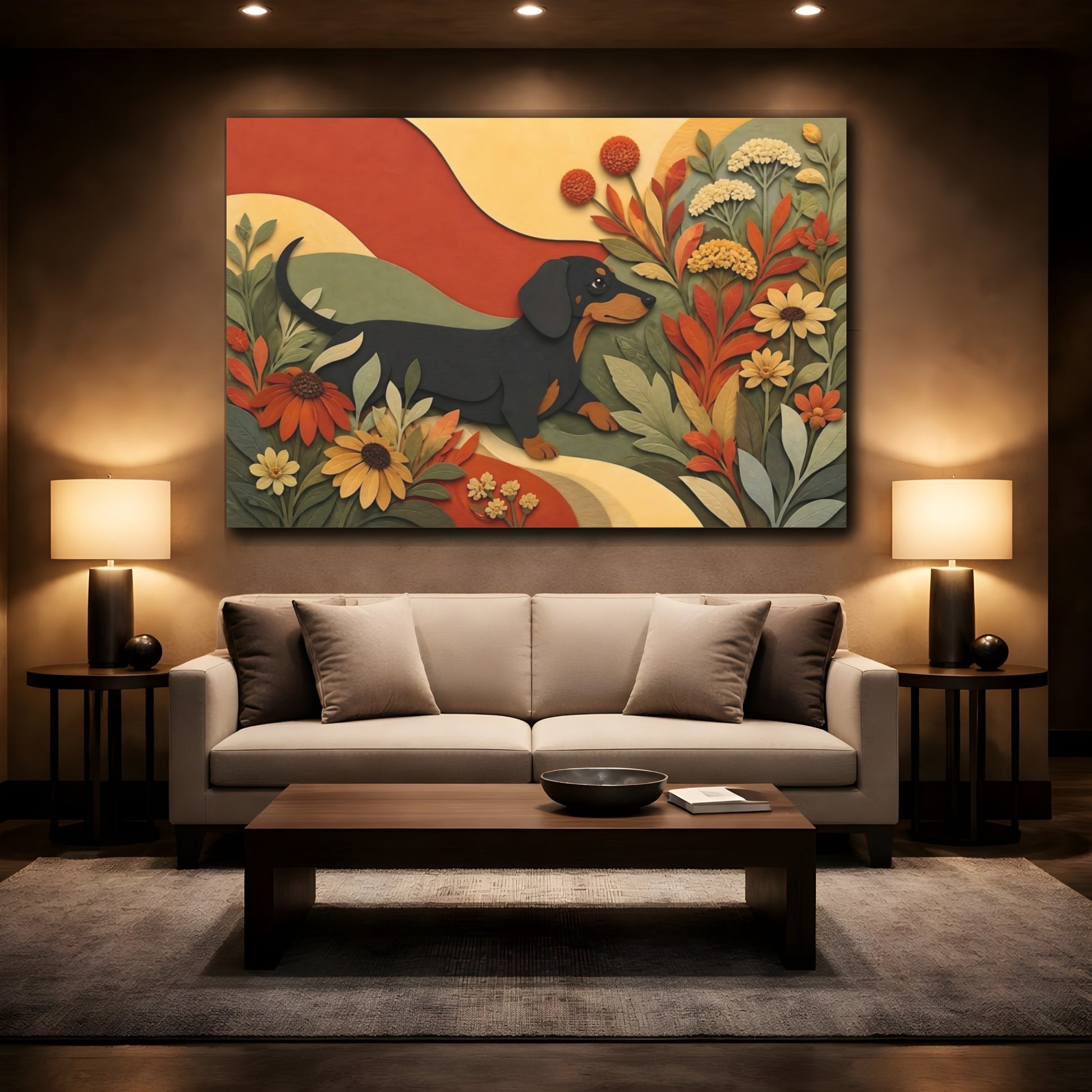 Mockup 2. Dachshund Among Autumn Flowers shown as canvas print