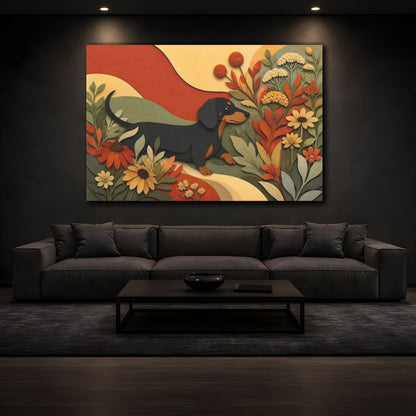 Mockup 3. Dachshund Among Autumn Flowers shown as canvas print