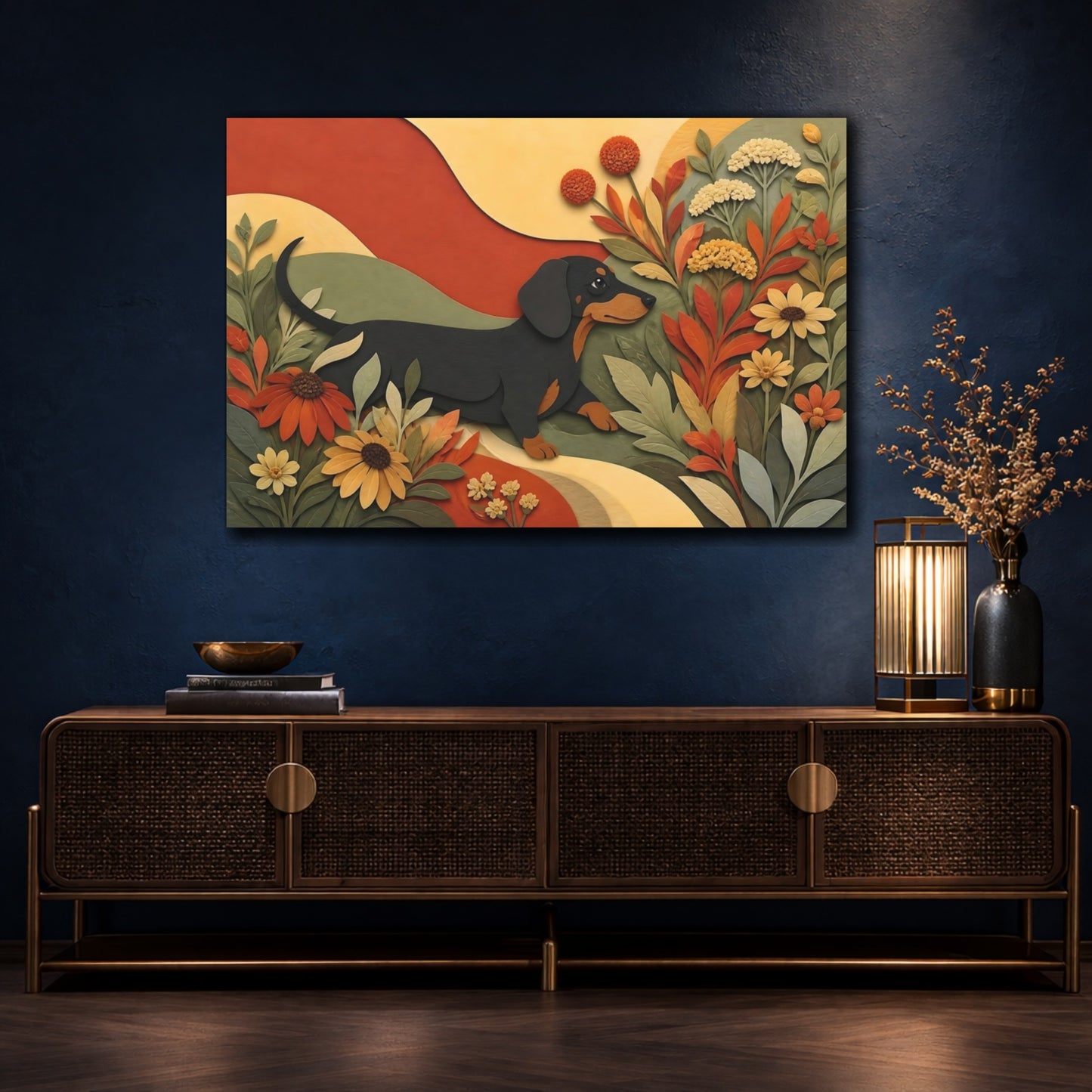 Mockup 4. Dachshund Among Autumn Flowers shown as canvas print