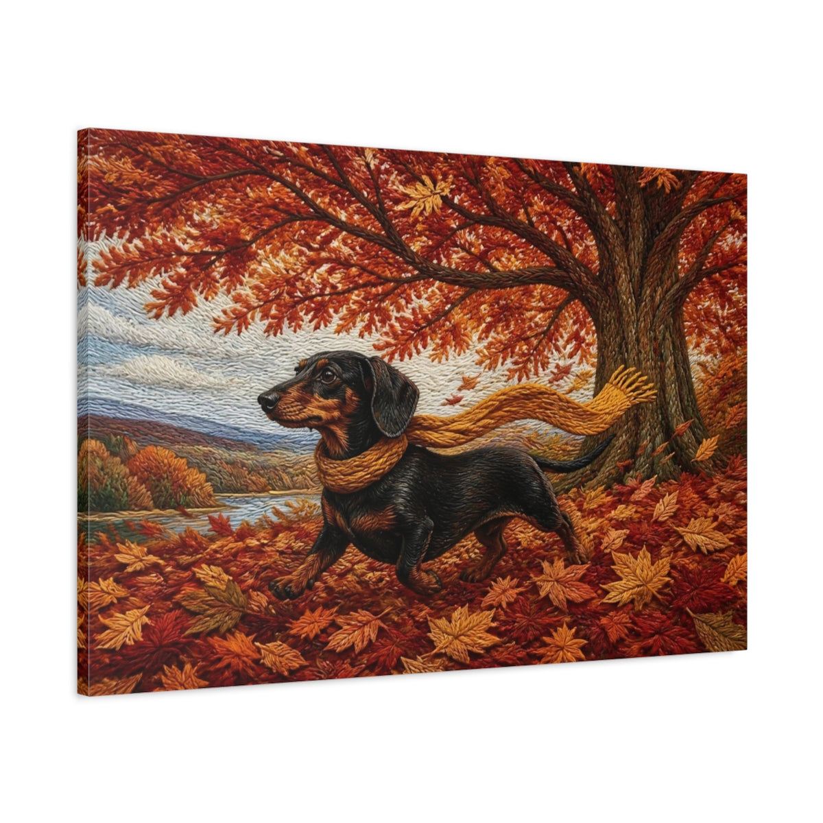 Main Mockup. Dachshund Autumn Stroll shown as canvas print