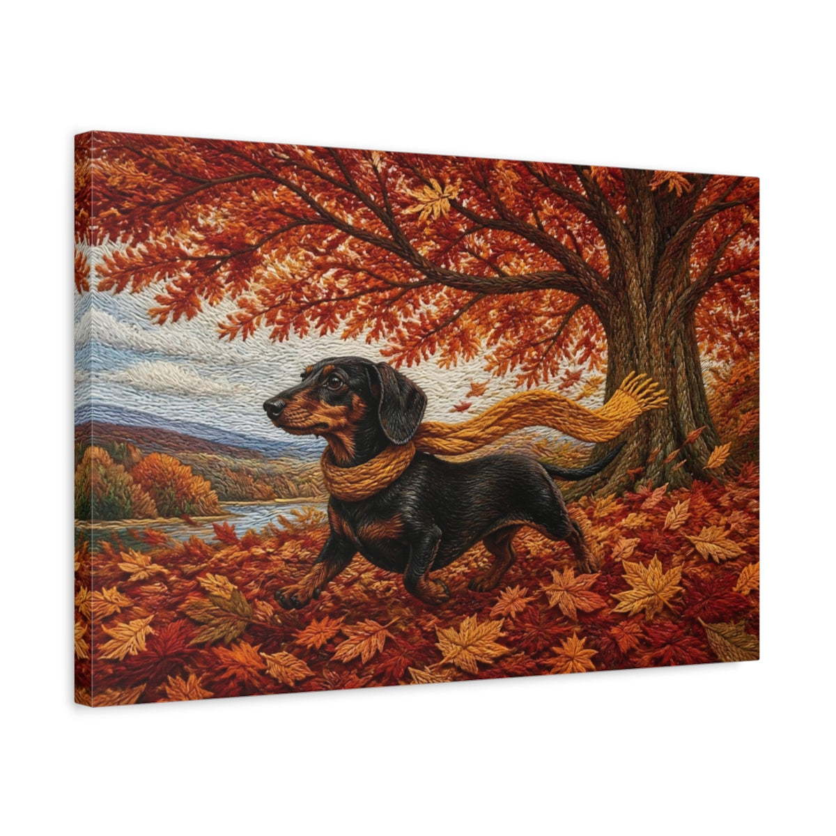 Side Mockup 3. Dachshund Autumn Stroll shown as canvas print