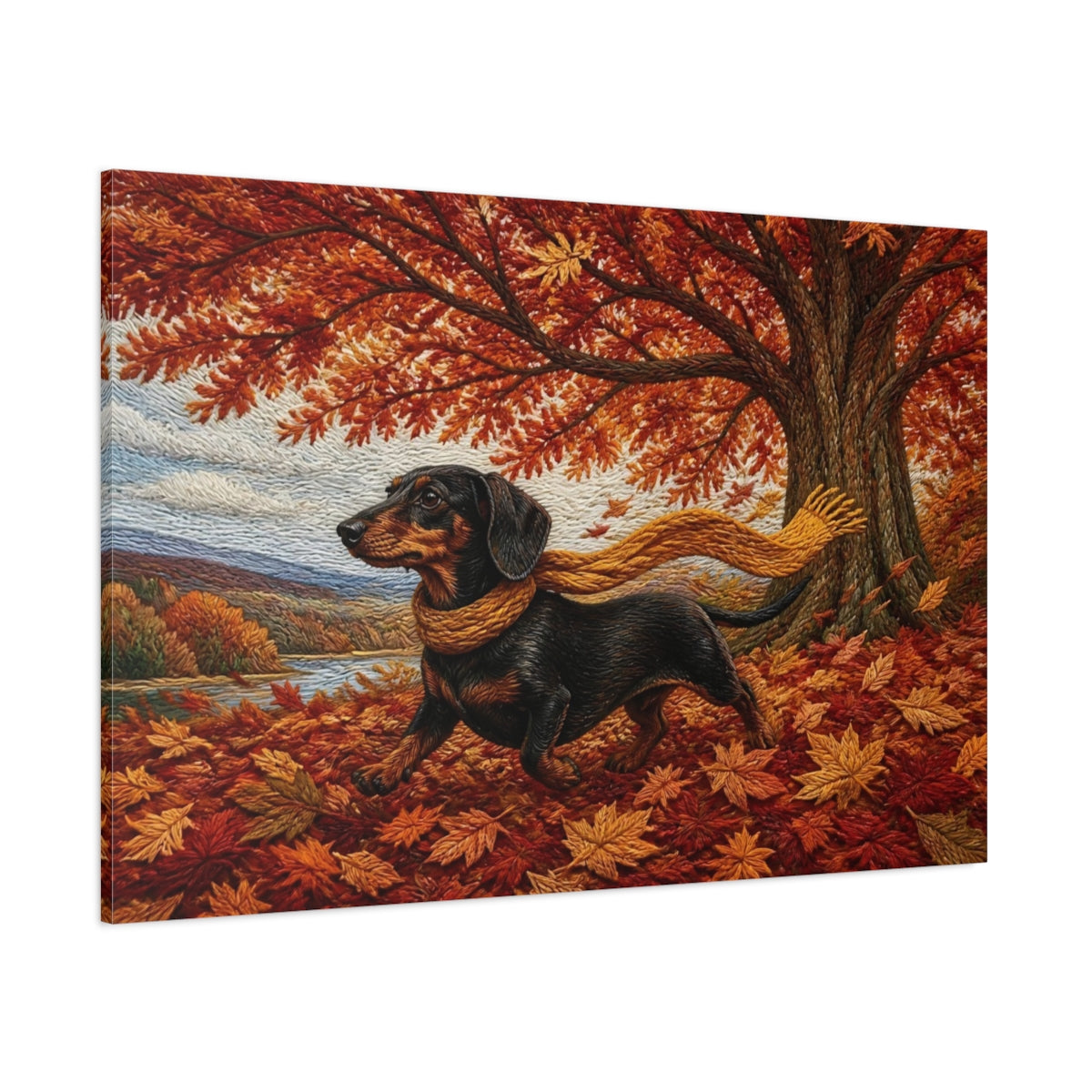 Side Mockup 1. Dachshund Autumn Stroll shown as canvas print