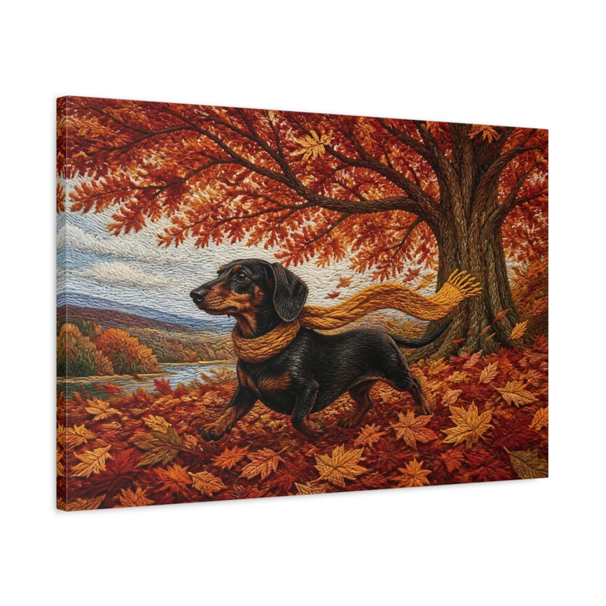 Side Mockup 2. Dachshund Autumn Stroll shown as canvas print