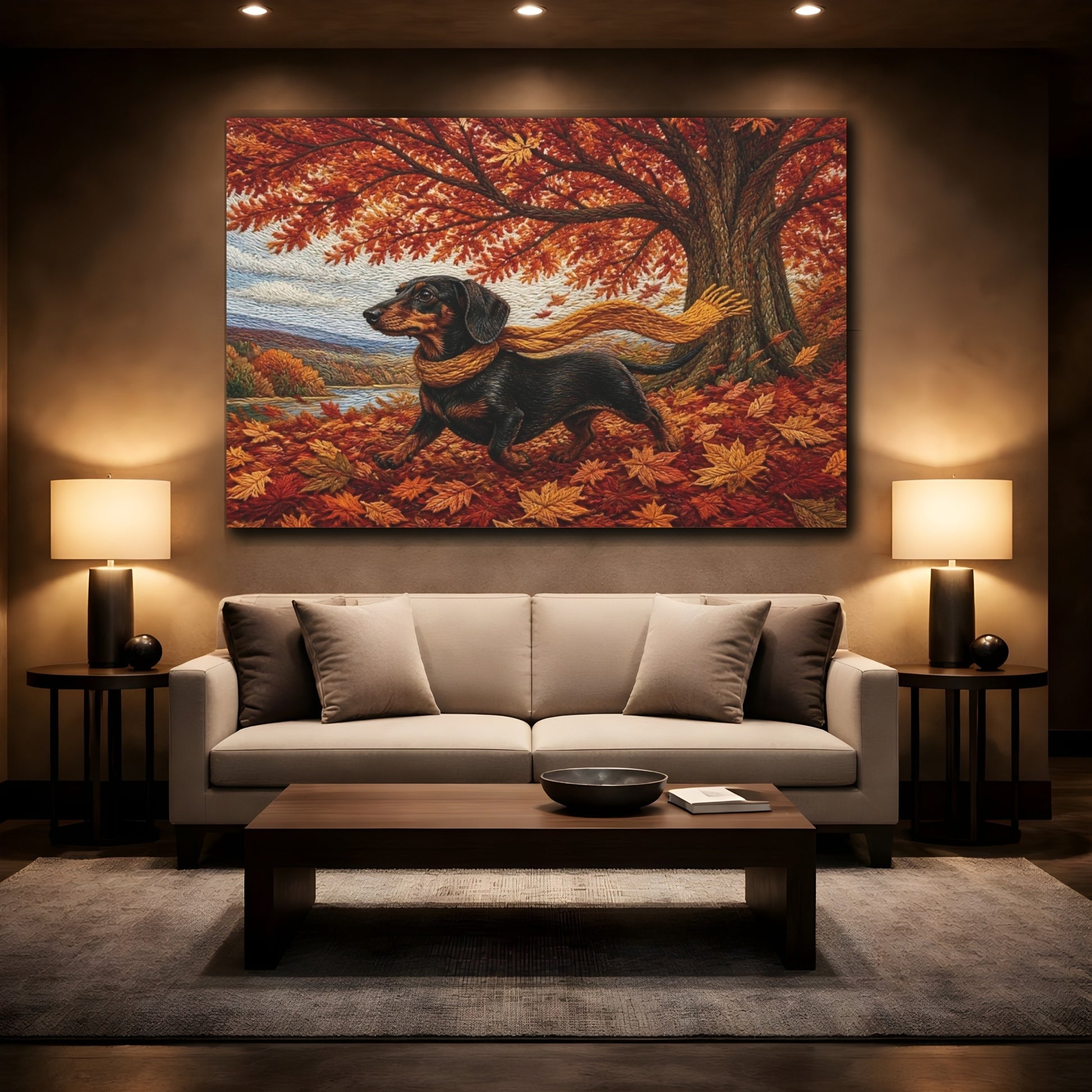 Mockup 2. Dachshund Autumn Stroll shown as canvas print