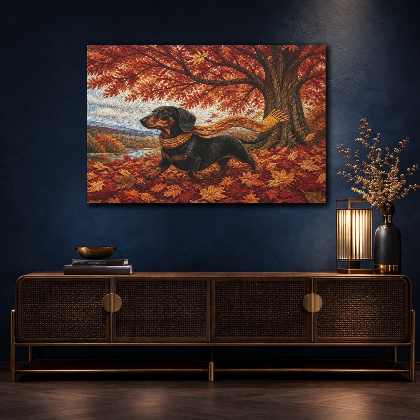 Mockup 4. Dachshund Autumn Stroll shown as canvas print