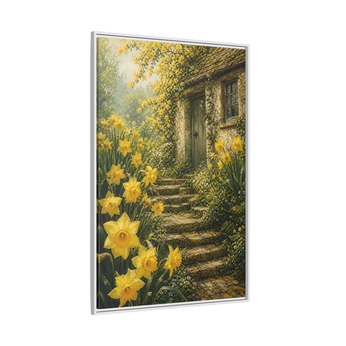 Side Mockup 7. Daffodil Cottage Entrance shown as framed canvas print