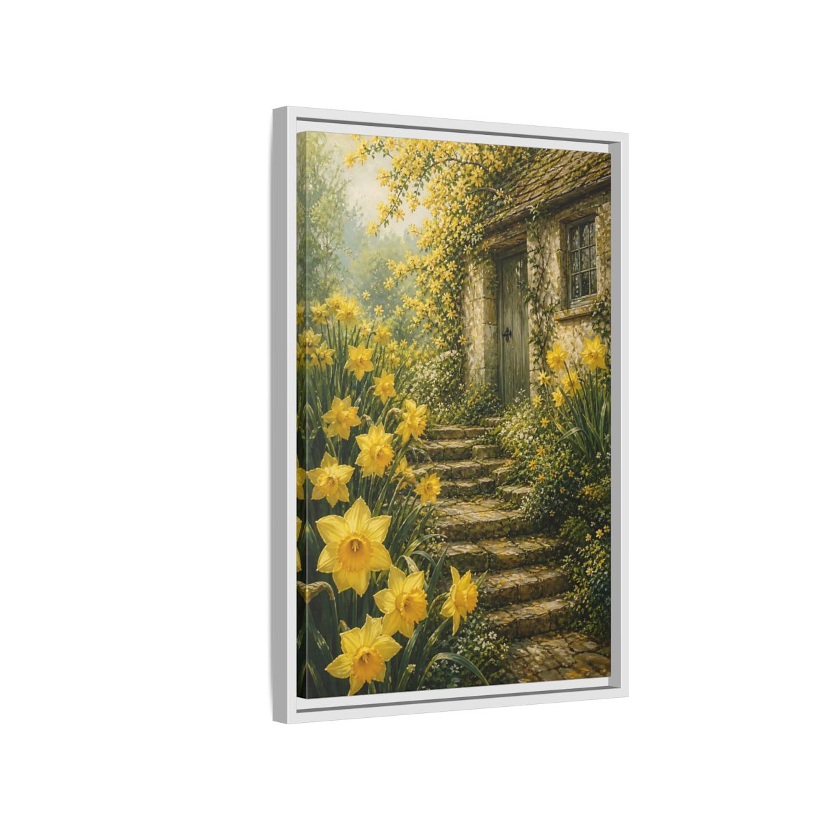 Side Mockup 1. Daffodil Cottage Entrance shown as framed canvas print
