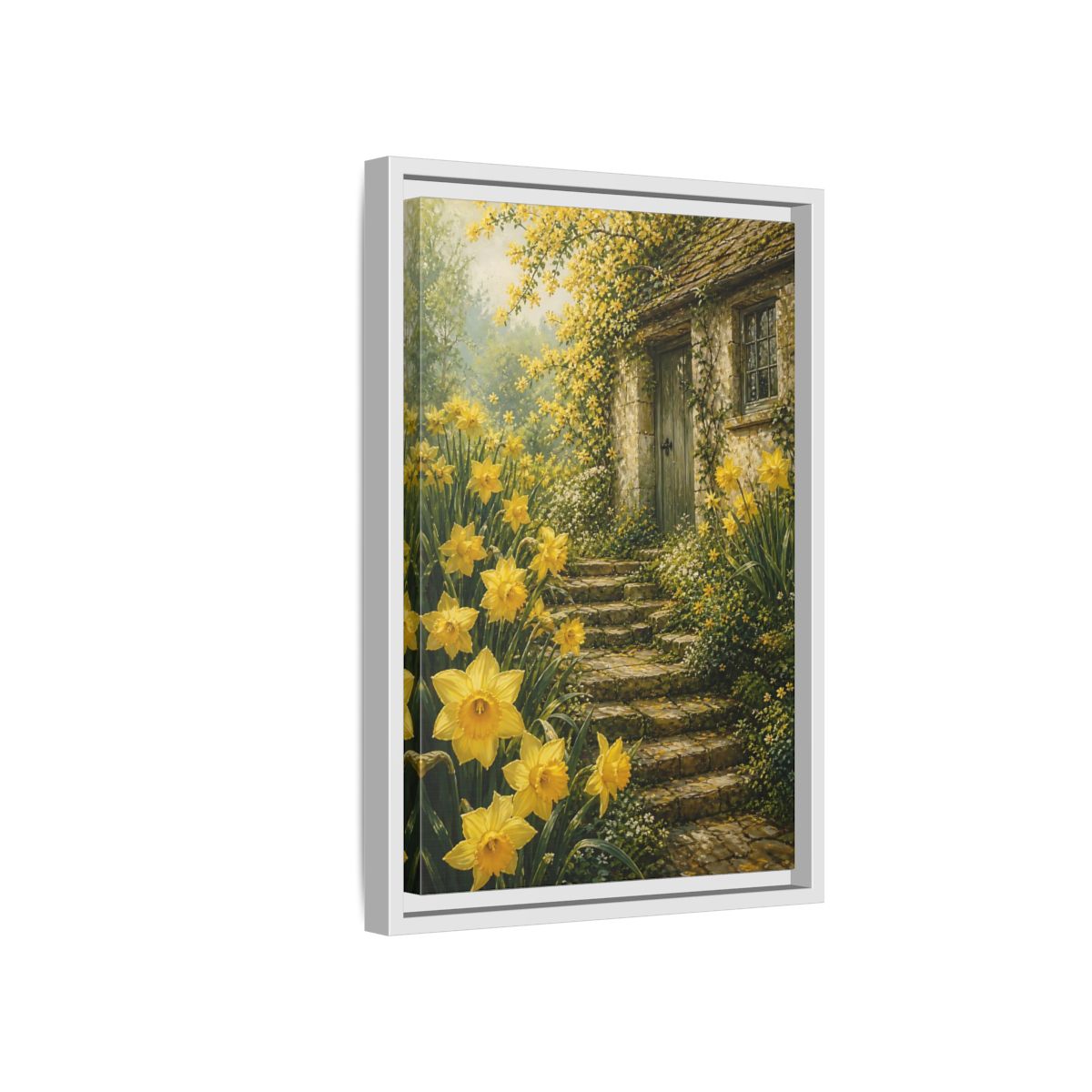 Side Mockup 4. Daffodil Cottage Entrance shown as framed canvas print