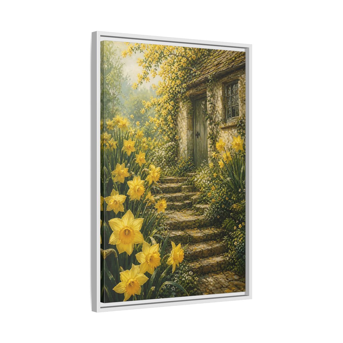 Side Mockup 10. Daffodil Cottage Entrance shown as framed canvas print