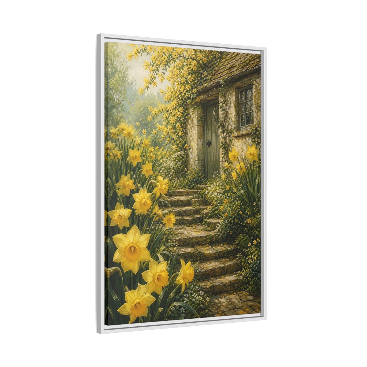 Side Mockup 9. Daffodil Cottage Entrance shown as framed canvas print