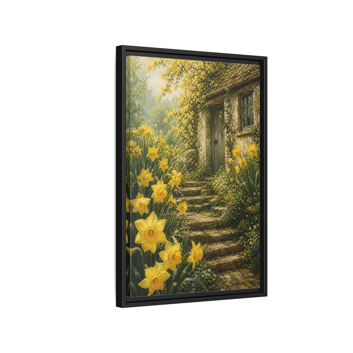 Side Mockup 3. Daffodil Cottage Entrance shown as framed canvas print