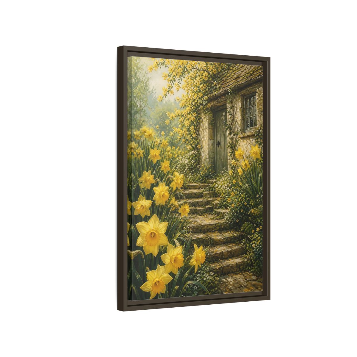 Side Mockup 2. Daffodil Cottage Entrance shown as framed canvas print
