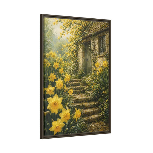 Main Mockup. Daffodil Cottage Entrance shown as framed canvas print