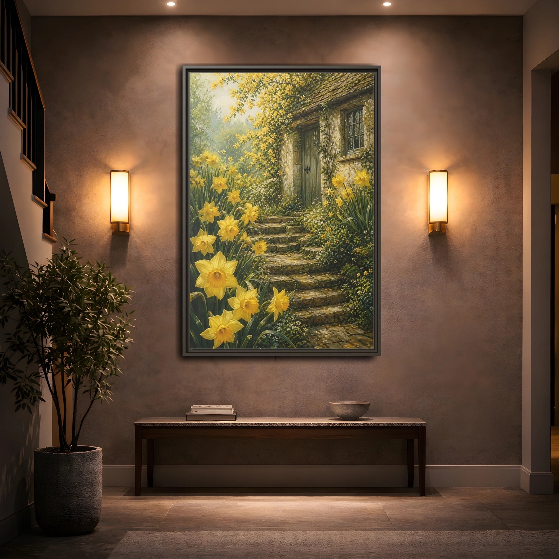 Mockup 2. Daffodil Cottage Entrance shown as framed canvas print